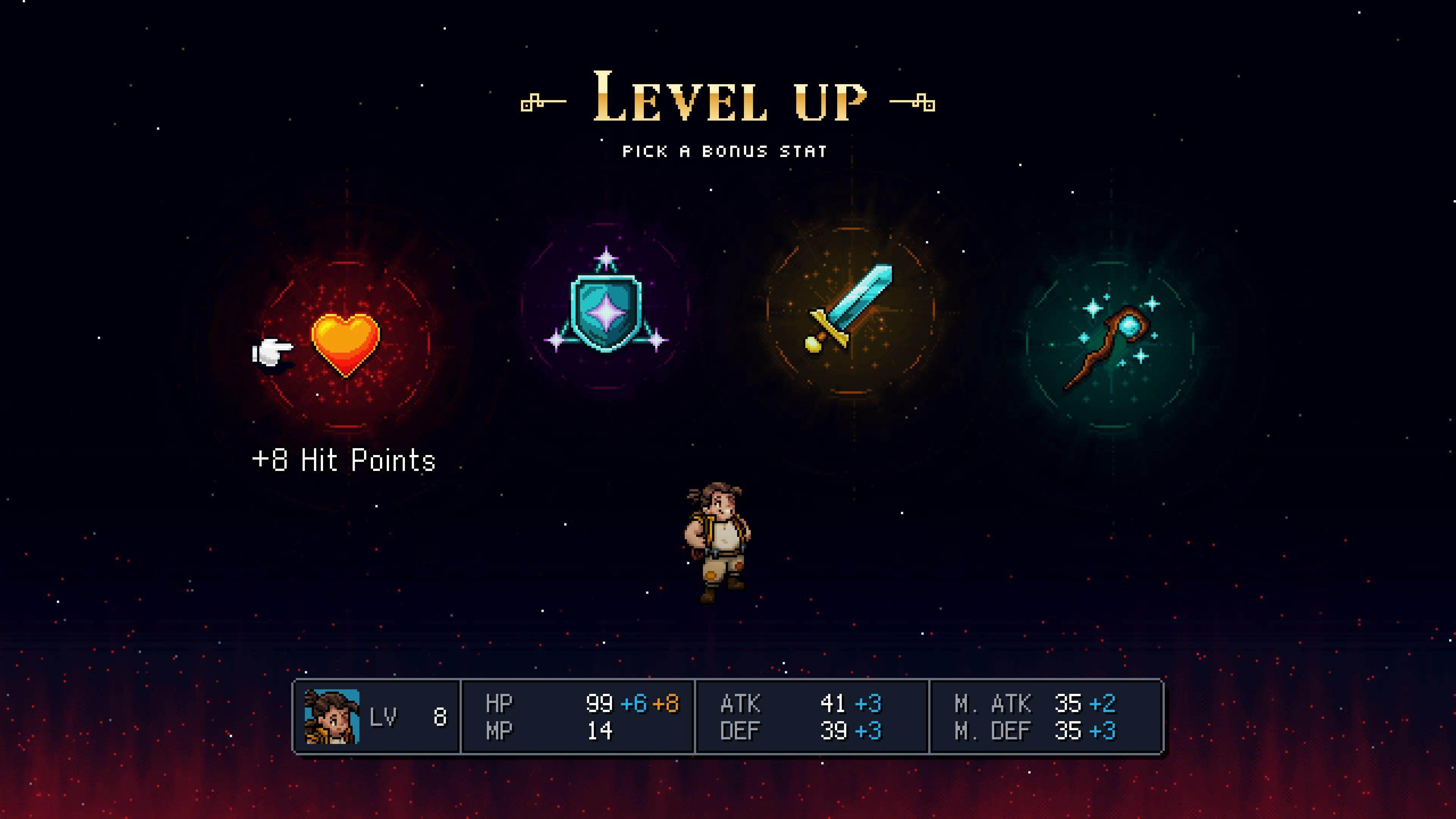 During level up you'll pick a bonus stat for each of your characters